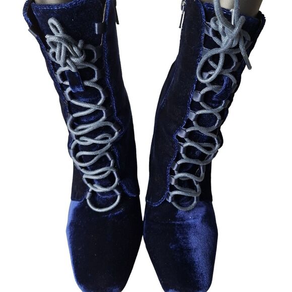 Missguided Size US 8 Blue Velvet Lace Up Side Zip‎ Heeled Bootie Boots - Picture 6 of 16